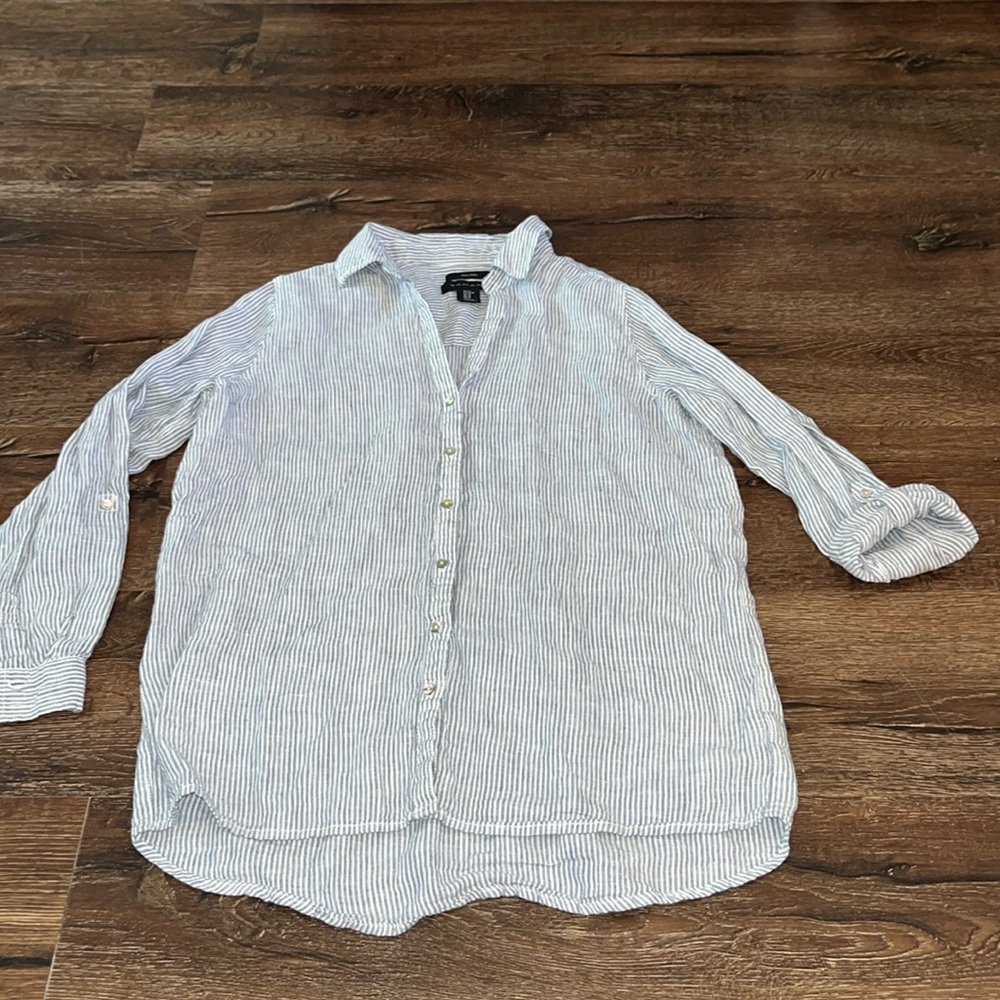 Tahari Women MED Navy Blue White Stripe Linen Blouse top Tunic Shirt  EUC
